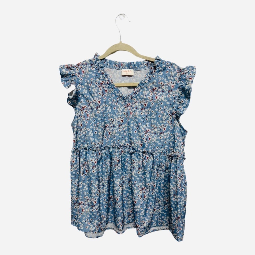 Hailey & Co Baby Doll Blouse Blue Floral Boutique Top Size Large Boho Coquette